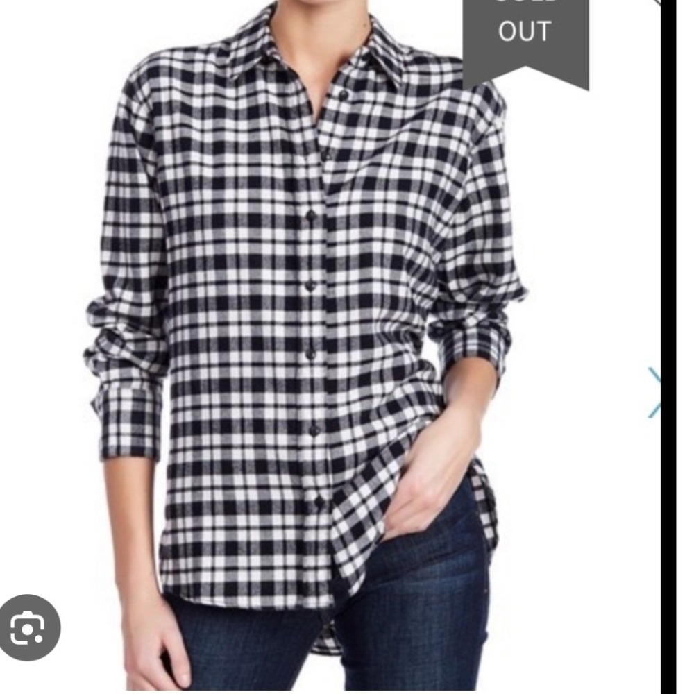 Madewell Side Button Flannel Shirt Black White Plaid‎ Check Large L G6915